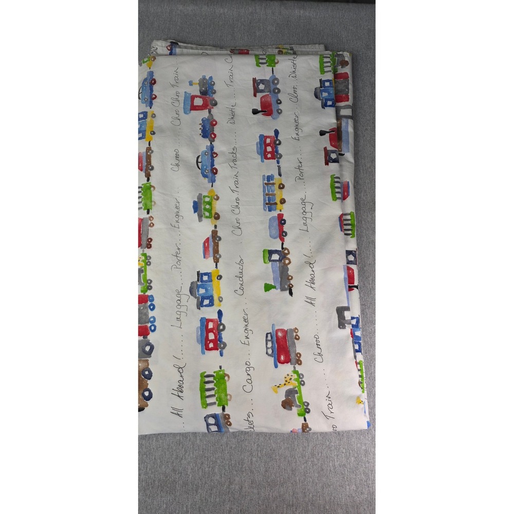 Pottery Barn Kids Full Fitted Sheet Organic Cotton Train Watercolor White Blue